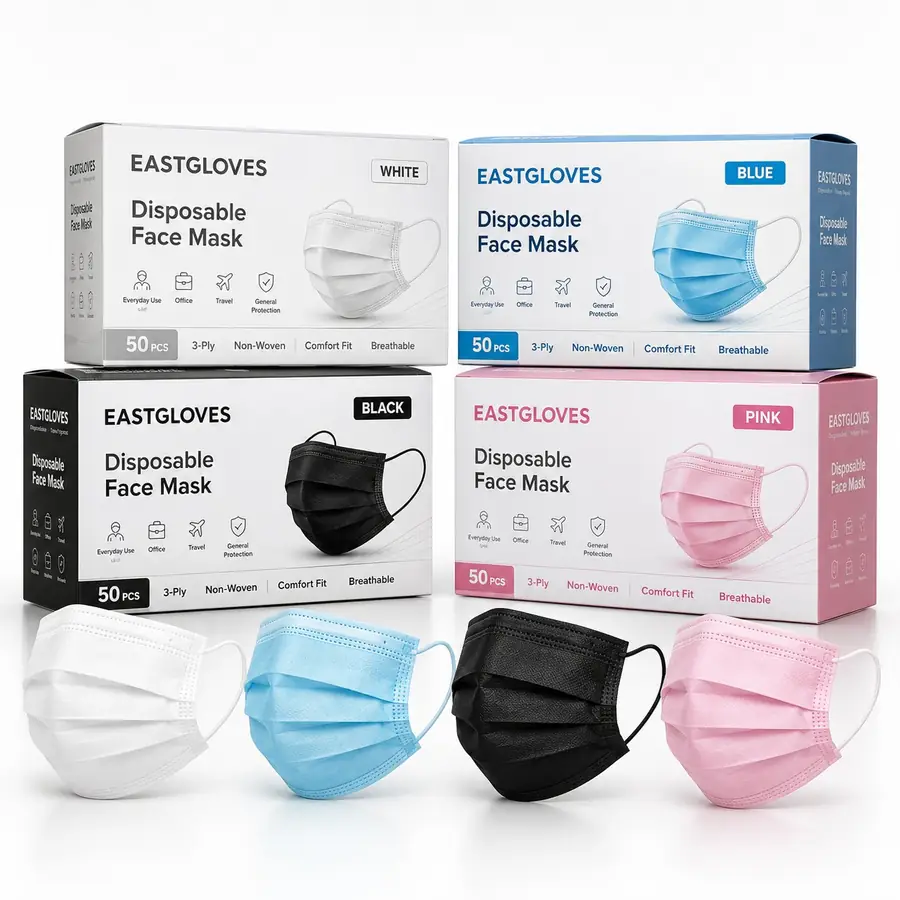 3-ply disposable face masks in white blue black and pink