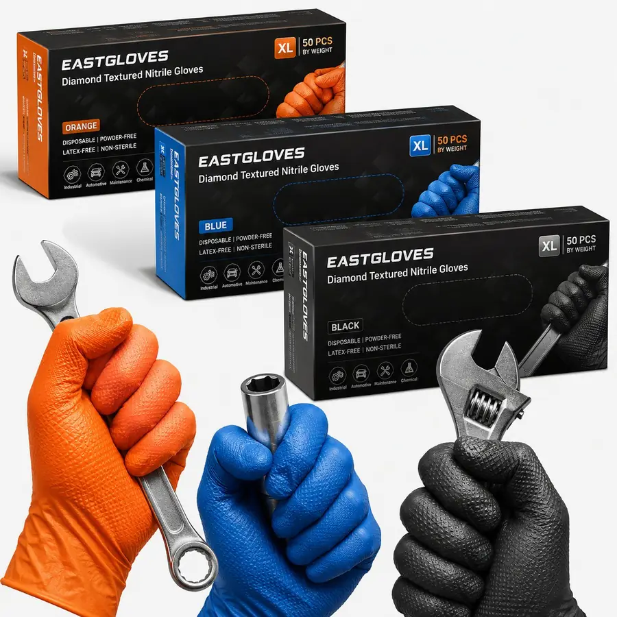 Diamond texture nitrile gloves in orange blue and black