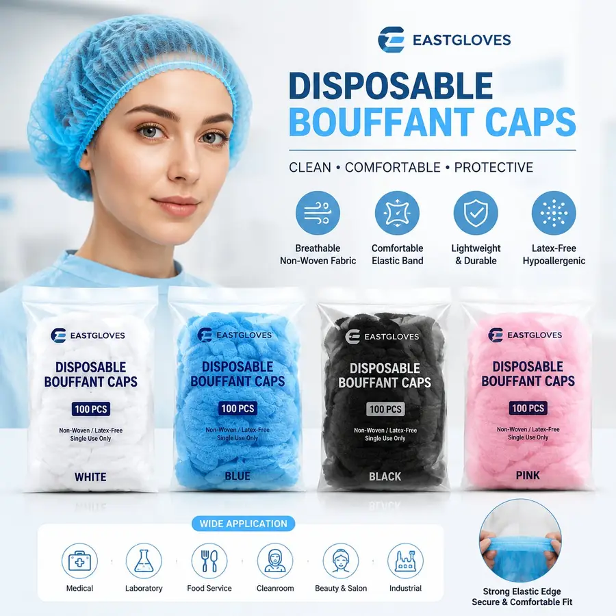EASTGLOVES disposable bouffant caps in white blue black and pink bags