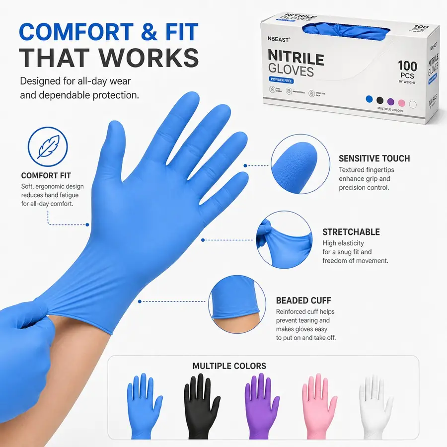Nitrile gloves in blue, black, white and diamond texture options