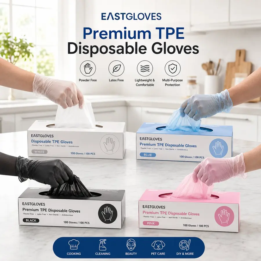 EASTGLOVES premium TPE disposable gloves in white blue black and pink boxes